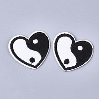 Honeyhandy Feng Shui Computerized Embroidery Cloth Iron On Patches, Costume Accessories, Appliques, Heart with Yin Yang, Black & White, 30x34x1mm