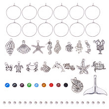 PandaHall Elite 60pcs 20mm Silver Brass Wine Glass Charm Rings with 20pcs Seashell Sea Creatures Charms Pendants, 20pcs Transparent Glass Beads and 20pcs Brass Spacer Beads for Party Favor