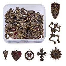 28Pcs 7 Style Tibetan Style Rack Plating Alloy Pendants, Retro Charms, Bat, Skeleton, Shield, Cross, Heart & Flower, Antique Bronze, 21~51x10~27.5x2.5~4.5mm, Hole: 1.5~2mm, 4pcs/style