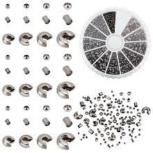 PandaHall Elite Brass & Iron Crimp Beads and Crimp Bead Covers Set, Gunmetal, Crimp Beads: 1.5~3x1.5~3mm, Hole: 1~2.5mm, Bead Cover: 3~5mm, Hole: 1.2~1.8mm, about 1500pcs/box