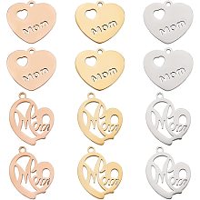 PandaHall Elite 12pcs Heart Charms with Mom, 2 Styles Stainless Steel Long-Lasting Metal Heart Charm Beads for DIY Necklace, Bracelet, Earring Craft Valentine, Mother's Day, Thanksgiving