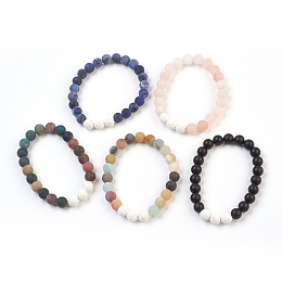 Honeyhandy Natural Gemstone and Natural Dyed Lava Rock Stretch Bracelets Sets, Frosted, Round, 2-1/8 inch(5.5cm), 5pcs/set