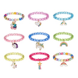 Honeyhandy 9Pcs 9 Style Acrylic Round Beaded Stretch Bracelets Set, Alloy Enamel Unicorn & Rainbow & Star & Heart Charms Stackable Bracelets for Children, Mixed Color, Inner Diameter: 1-7/8 inch(4.8cm), 1Pc/style