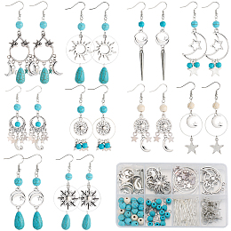 SUNNYCLUE DIY Earring Making Kit, Including Alloy Links Connector & Pendants, Synthetic Magnesite & Turquoise Beads, Brass Earring Hooks, Moon & Star & Bird & Sun & Teardrop, Antique Silver, 237Pcs/box