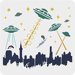 FINGERINSPIRE UFO Attack on City Stencil 11.8x11.8inch, Alien Template Stencils UFO Spaceship Humans City Buildings Pattern PET Reusable Large Stencils for Painting on Wood, Floor, Wall, Fabric