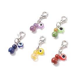 Honeyhandy Gemstone Beaded Gourd Feng Shui Pendant Decorations, Evil Eye Lobster Clasp Charms, Clip-on Charms, for Keychain, Purse, Backpack Ornament, Stitch Marker, 37mm