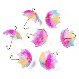 Honeyhandy Printed Acrylic Pendants, with Golden Plated Brass Findings, 3D Umbrella with Flower Pattern, Colorful, 22~24x18x18mm, Hole: 1.2~1.8mm