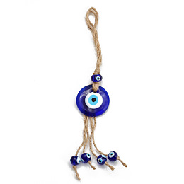 Honeyhandy Flat Round Turkish Evil Eye Lucky Blue Eye Pendant Decorations, with Hemp Rope, for Men Women Car Key, Blue, 240x40mm