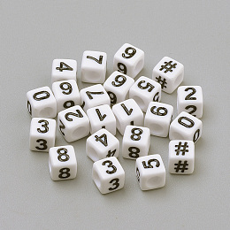 Honeyhandy Opaque Acrylic European Beads, Large Hole Beads, Cube with Number, White, 6x6x6mm, Hole: 4mm, about 3000pcs/500g