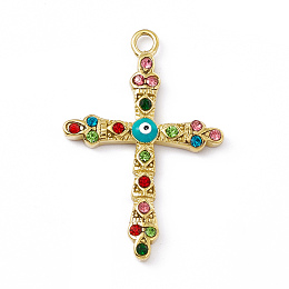 Honeyhandy Vacuum Plating 201 Stainless Steel Enamel Pendants, with Rhinestone, Real 18K Gold Plated, Cross with Evil Eye Charms, Colorful, 40x26.5x4mm, Hole: 2.7mm