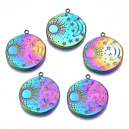 Honeyhandy Ion Plating(IP) ainbow Color 304 Stainless Steel Pendants, Cadmium Free & Nickel Free & Lead Free, Flat Round with Sun & Moon & Star, Rainbow Color, 22.5x20x2mm, Hole: 1.4mm