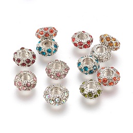 Honeyhandy Alloy Rhinestone European Beads, Large Hole Beads, Rondelle, Platinum Metal Color, Mixed Color, 11x6mm, Hole: 5mm