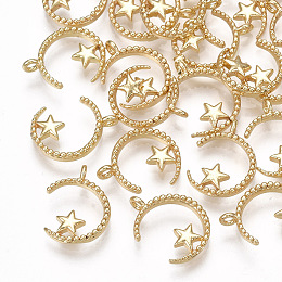 Honeyhandy Brass Charms, Moon with Star, Real 18K Gold Plated, 14x10.5x3mm, Hole: 1.4mm