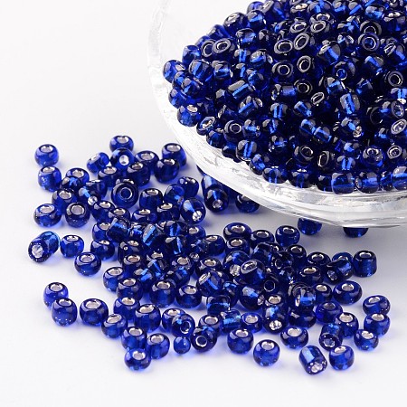 Honeyhandy 6/0 Round Silver Lined Round Hole Glass Seed Beads, Blue, 4mm, Hole: 1.5mm, about 496pcs/50g