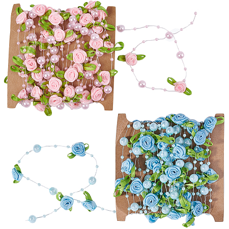 ABS Plastic Imitation Pearl Beaded Trim Garland Strand, with Polyester Ribbon Rose, for DIY Wedding Decoration, Mixed Color, Rose: 28.5x12mm; about 5m/card, 2 colors, 1card/color, 2cards/set