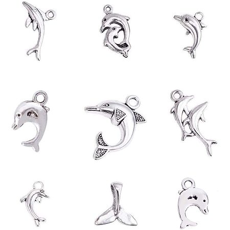 PandaHall Elite 100pcs 10 Style Tibetan Alloy Animal Dolphin Pendants Charms Antique Silver Fish Beads Charms Crafts for Necklace Bracelet Making