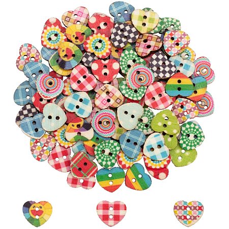 Unicraftale Printed Wooden Buttons, 2-Hole, Heart, Mixed Color, 13x15x2.5mm, Hole: 1.5mm, 100pcs/box