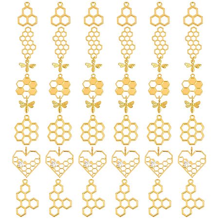 NBEADS 48 Pcs 3D Honeycomb Bee Charms, 6 Styles Alloy Pendants Alloy Earring Pendants for DIY Crafts Jewellery Making Findings, Golden