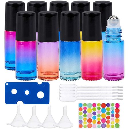 BENECREAT 10 Packs 5ml Rainbow Color Glass Roller Bottle Refillable Essential Oil Roll on Bottle with Black Cap, Openers, Droppers, Hoppers and Labels for Perfume Aromatherapy Fragrance