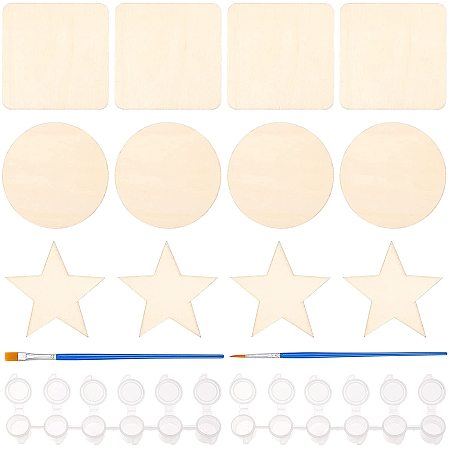 OLYCRAFT 36pcs Wooden Slices Painting Kits Unfinished Wood Natural Pieces Kit Wooden Square Flat Round Star Shapes with Brushes Pens and Plastic Paint Pots Strips for DIY Crafts Painting