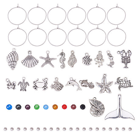PandaHall Elite 60pcs 20mm Silver Brass Wine Glass Charm Rings with 20pcs Seashell Sea Creatures Charms Pendants, 20pcs Transparent Glass Beads and 20pcs Brass Spacer Beads for Party Favor