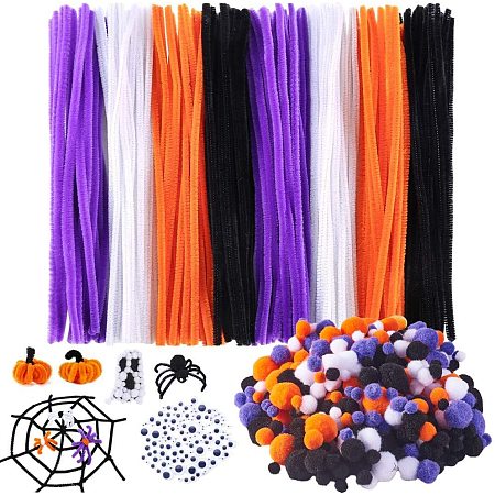 PH PandaHall 1290pcs Halloween Pipe Cleaners Sets, 100pcs 4 Size 4 Colors Pom Poms, 160pcs 4 Colors Pipe Cleaners, 130pcs 4 Size Wiggle Eyes for Halloween Party DIY Crafts Decorations