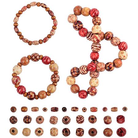 SUNNYCLUE 200pcs Mixed Printed Wood Beads Round Oval Barrel Wooden Loose Spacer Beads with 1mm Round Elastic Beading Cord for DIY Bracelet Necklace Jewelry Making Hair Accessories Craft Supplies