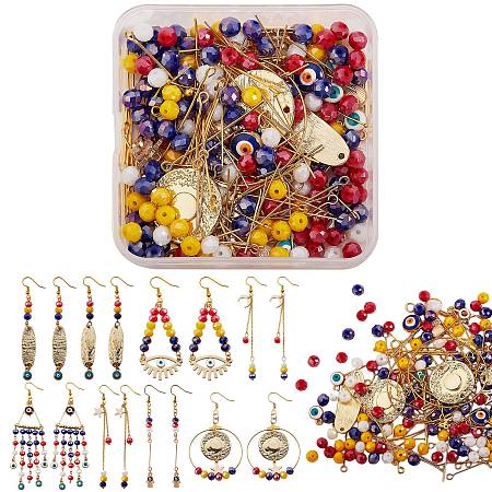 DIY Evil Eye Drop Earing Making Kit, Including Alloy Links & Charms, Glass Beads, Brass Charms & Pin & End Chain & Hoop Earring Finding, 304 Stainless Steel Jump Rings, Iron Spacer Beads & Earring Hook & Pin, Golden & Light Gold, Links & Charm: 32pcs/box