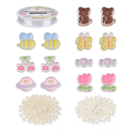 Honeyhandy DIY Animal and Flower Beads Kid Bracelet DIY Making Kit, Including Transparent Acrylic Enamel Beads, ABS Plastic Pearl Beads, Elastic Thread, Mixed Color, Beads: 214Pcs/set