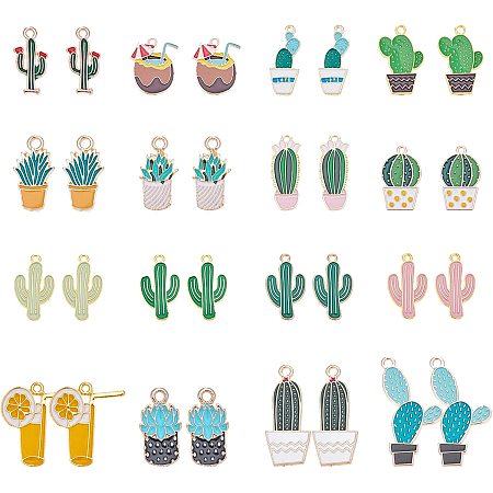 PandaHall Elite 16 Styles Cactus Tropical Charms, 32pcs Alloy Summer Lemon Drink Desert Plant Enamel Dangle Charms Succulent Beads for Seaside Necklace Bracelet Earrings DIY Jewelry Making