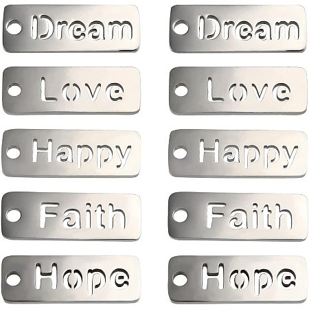 BENECREAT 30Pcs 304 Stainless Steel Message Charms with 5 Style Dream Faith Happy Love Hope Word Inspirational Message Tag for Jewelry Making DIY Necklaces & Bracelets