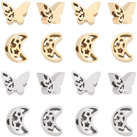 DICOSMETIC 16Pcs 2 Style 2 Colors Stainless Steel Butterfly Beads Moon with Star Beads Metal Spacer Beads Loose Beads Small Hole Beads for Jewelry Making DIY Findings