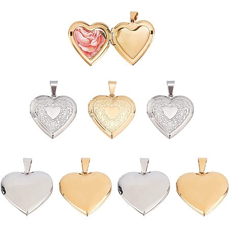 DICOSMETIC 8pcs 2 Styles 2 Colors 316 Stainless Steel Locket Pendants Heart Photo Frame Charms Heart with Flower Locket Charms for Necklace Jewelry Making,Hole:9x5mm