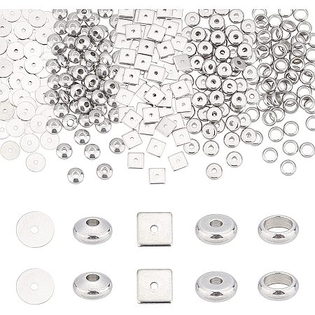 DICOSMETIC 300pcs 5 Styles 304 Stainless Steel Spacer Beads Flat Round Beads Square Beads Ring Shaped Beads for Jewelry Making