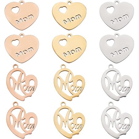 PandaHall Elite 12pcs Heart Charms with Mom, 2 Styles Stainless Steel Long-Lasting Metal Heart Charm Beads for DIY Necklace, Bracelet, Earring Craft Valentine, Mother's Day, Thanksgiving