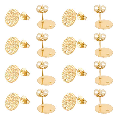 Unicraftale 40Pcs Ion Plating(IP) 304 Stainless Steel Stud Earring Findings, with Hole and Friction Ear Nut, Textured Flat Round, Golden, 10mm, Hole: 1.2mm, Pin: 0.8mm