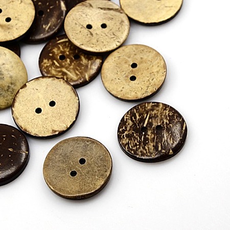 Honeyhandy Coconut Buttons, 2-Hole, Flat Round, Coconut Brown, 25x3mm, Hole: 2mm