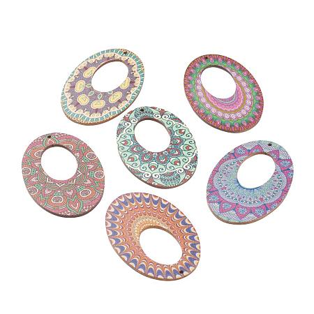 ArriCraft 10pcs Printed Wooden Big Pendants, Oval with Pattern, Mixed Color, 76x50x2.5mm, Hole: 1.5mm