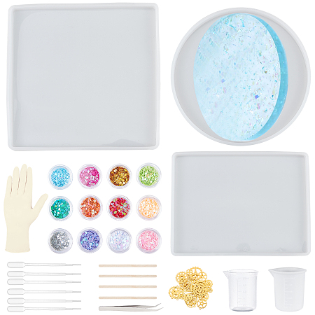 Olycraft DIY Makeup Tray Silicone Molds Kits, with Nail Art Sequins/Paillette, Rubber Gloves, Measuring Cup, Plastic Pipettes, Wooden Craft Sticks, 304 Stainless Steel Tweezers, Alloy Pendants, Mixed Color, 187x12mm, Inner Diameter: 178mm, 1pc