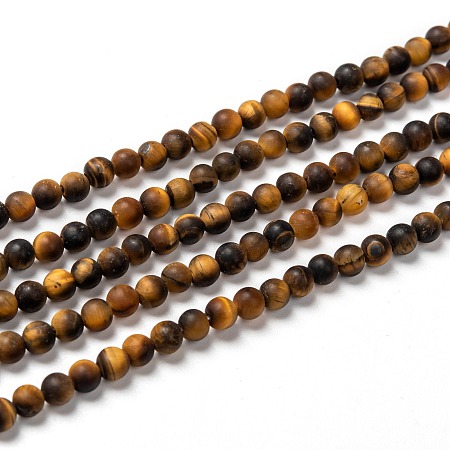 ARRICRAFT Natural Frosted Tiger Eye Round Bead Strands, Grade A, 4mm, Hole: 1mm, about 87~93pcs/strand, 14.9~15.6 inches