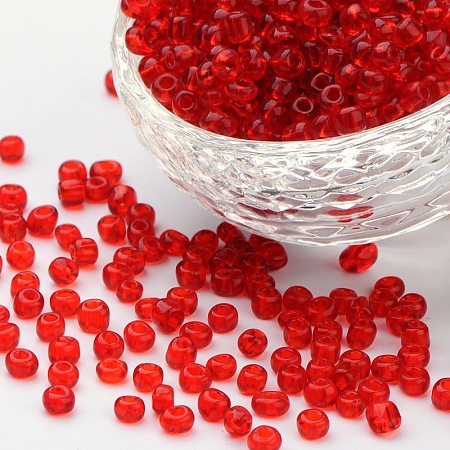 ORNALAND 6/0 Glass Seed Beads, Transparent Colours, Round, Red, 4mm, Hole: 1.5mm; about 1500pcs/bag