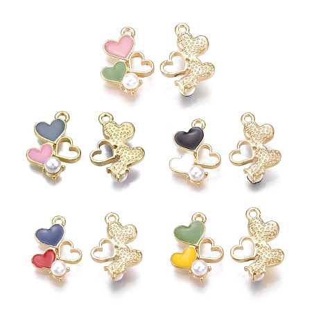 Arricraft Alloy Pendants, with Enamel and Plastic Imitation Pearl, Heart, Light Gold, Mixed Color, 19x13x5mm, Hole: 1.5mm