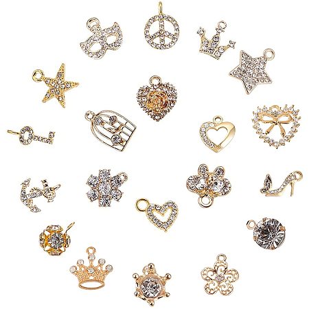 PandaHall Elite 20pcs Mixed Style Alloy Rhinestone Charms Pendant for DIY Necklace Bracelet Jewelry Making (Star, Moon, Heart, Bowknot, Crown)