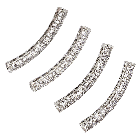 Unicraftale Brass Micro Pave Clear Cubic Zirconia Tube Beads, Tube, Curved, Platinum, 31x6.5x5mm, Hole: 2mm, 4pcs/box