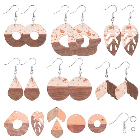 SUNNYCLUE DIY Dangle Earring Making Kits, include Transparent Resin & Walnut Wood Pendants, Brass Earring Hooks and Iron Jump Rings, Mixed Shapes, Dark Salmon, Pendants: 12pcs/box