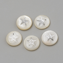 Honeyhandy Natural Freshwater Shell Beads, Flat Round & Starfish/Sea Stars, Platinum, 15x4mm, Hole: 1mm