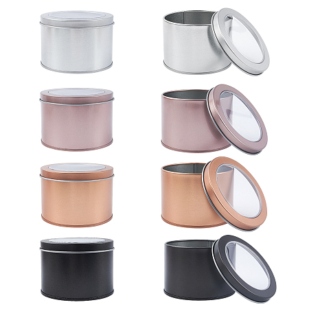 Olycraft Iron Frosted Storage Jar, with PVC Clear Window, Cylinder Sealed Cans for Cupcake, Tea, Candles, Column, Mixed Color, 90x60mm, Inner Diameter: 82mm, Clear Window: 68mm; 4 colors, 2pcs/color, 8pcs/set
