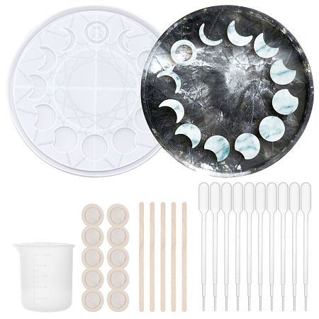 Gorgecraft DIY Silicone Moon Star Tarot Card Tray Round Molds Kits, with Round Silicone Molds, Silicone Measuring Cup, Plastic Transfer Pipettes, Disposable Latex Finger Cots, Birch Wooden Sticks, Clear, 27pcs/set