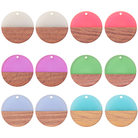 SUNNYCLUE Transparent Resin & Wood Pendants, Flat Round, Mixed Color, 28.5x3.5~4mm, Hole: 1.5mm; 6 colors, 2pcs/color, 12pcs/box