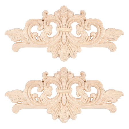 Olycraft Rubber Wood Carved Onlay Applique, Center Flower Long Applique, for Door Cabinet Bed Unpainted Decor European Style, BurlyWood, 7.5x16x0.7cm